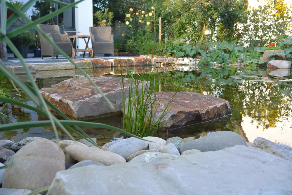 Uferzone eines Gartenteichs mit gesetzten Findlingen, Kiesbett und Ufergräsern